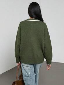 Se-Hore 2025 女士秋冬新款时尚单品，商务休闲/日常通勤/简约优雅/街头风/男女皆宜/旅行度假，秋冬针织毛衣，欧美风撞色滚边针织开衫 - 綠色 - 查看 10