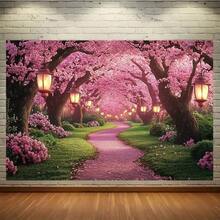 1片装2D平面乡村樱花背景布 - 盛开的樱花图案设计，蜿蜒小径和灯笼点缀，适用于摄影、派对和活动，涤纶材质，无需电源，樱花主题产品 - 1pcs - 查看 3