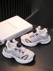 Kids Rotating Buckle Chunky Sneakers, Boys/Girls Breathable Mesh Sports Shoes, Thick Sole Non-Slip Casual Shoes, Easy On/Off Children Footwear - Pink - View 3