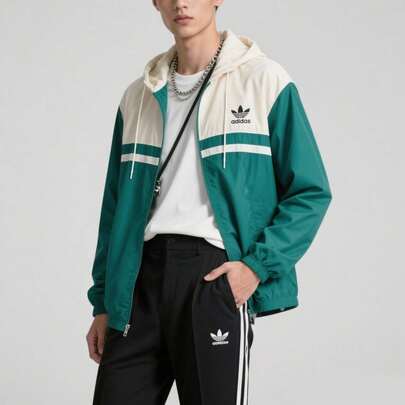  Adidas Originals 风衣，吸湿排汗，宽松版型，复古色块标志，长袖连帽夹克，绿色
