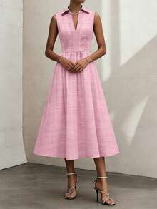 New Elegant Women's Sleeveless Plaid Lapel V-Neck Waist Flared Dress, Suitable For Spring & Summer, Elegant, Casual, Light Commute, Everyday Wear