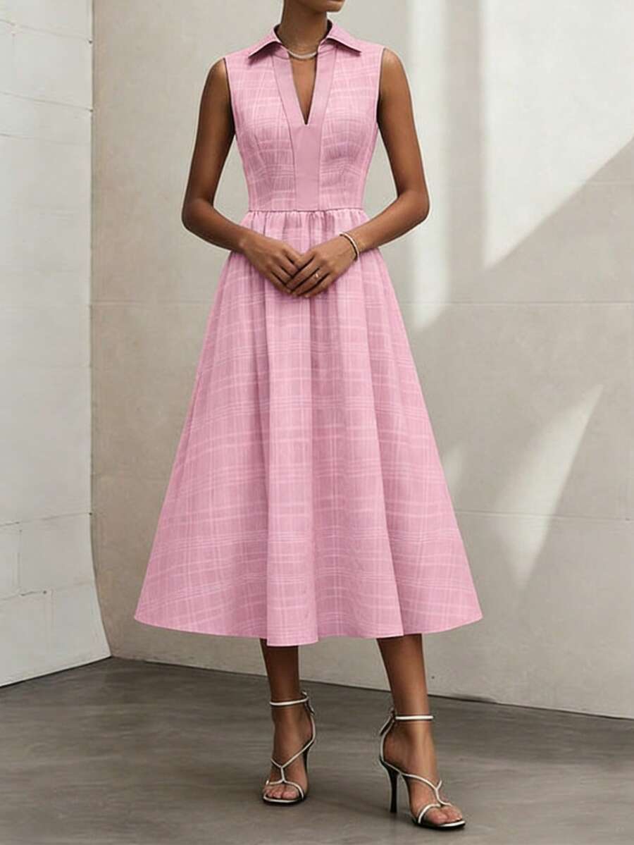 New Elegant Women's Sleeveless Plaid Lapel V-Neck Waist Flared Dress, Suitable For Spring & Summer, Elegant, Casual, Light Commute, Everyday Wear