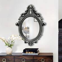 Vintage Country Style Wall Mirror - Distressed Ornate Oval Frame With Decorative Corners, Plastic Structure, Vertical Hanging Vanity Mirror, Suitable For Living Room, Bedroom