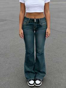 Fashionable & Elegant Minimalist Women's Double-Breasted Slim Fit Flare Leg Jeans, Slimming - Dark Wash - View 7