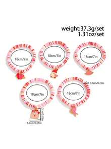 5件套情人节可爱手链套装！包含丘比特吊坠和情书吊坠，粉白红条纹叠层串珠手链，送给女友/闺蜜/姐妹的礼物，情人节限量版