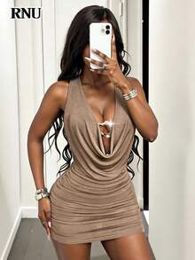 RNU Khaki Brown Backless Draped Collar/Metal Button Hollow/Minimalist Sequin Elastic Fitted Bottom, Women's Casual Nightclub Business Casual Concert Outfit/Office Wear, High Stretch Slim Fit Casual Daily/Valentine's Day/Carnival/New Year/Birthday Dress, Sexy Nightclub Party/Street/Vacation/Travel/Date, Spring/Summer New Mini Skirt - Coffee Brown - View 1