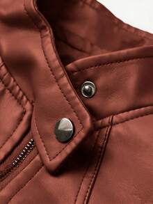 Women's Windproof Warm Motorcycle Leather Jacket, Autumn - Coffee Brown - View 4