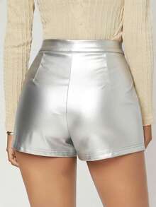 Falda short dama mujer cuerina imitación piel negra brillante mini AMPLIA CINTURA cruzado abertura frontal cintura alta ajuste entallado estilo rock urbano chic moda otoño invierno fiesta antro sexy atrevida - Plateado - Ver 3