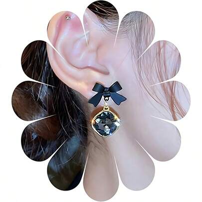Gold-Tone Black Ribbon Bow Earrings, Square Gemstone Pendant Earrings, Charming Girl Style, Suitable For Party And Date Night, Feminine Design, Fashion Accessory, Wedding Guest Jewelry, Birthday Gift For Her