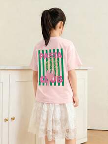 Girls "Pasta Club" Pasta Print Short Sleeve T-Shirt, Casual Round Neck Cute Food Graphic Tee For Summer, Suitable For Teens - Pink - View 2