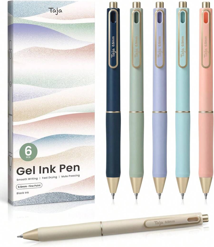 Taja Gel Pens, 6 Pcs Quick Dry Black Gel Ink Pens, 0.5mm Fine Point Smooth Writing Pens For Journaling And Te Taking, Cute Aesthetic Pens For Women & Men-Pastel - 粉彩聖經 - 查看 1
