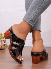 女士漆皮镂空厚底穆勒鞋，复古木屐风格凉鞋，夏季必备 - 黑色 - 查看 6