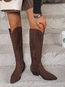 Women Faux Suede Western Knee High Boots Side Zipper Low Block Heel Autumn Winter Casual Boots - Brown - View 5