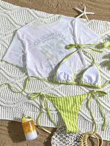 Bộ bikini 3 mảnh gồm áo crop top lưới in họa tiết chanh và áo buộc dây phía trước kẻ sọc xanh lá cây, thích hợp cho kỳ nghỉ hè trên bãi biển. - Nhiều màu - Xem 6