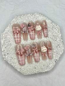 10片可爱3D牛奶兔蝴蝶结法式美甲贴纸，甜美腮红粉长指甲贴纸，珍珠钻石闪粉假指甲，美甲用品（1张果冻贴纸+1个指甲锉） - 粉色 - 查看 11