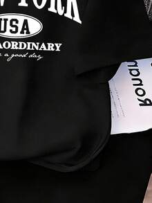 Camiseta de manga corta con cuello redondo y estampado de letras, de uso casual y versátil para uso diario, para niñas preadolescentes - Negro - Ver 5