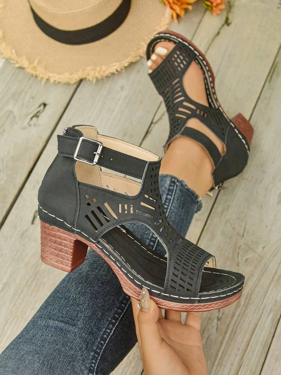 Women's Beige Cut-Out Block Heel Sandals 2026 - Retro Lace-Up Ankle Strap Summer Shoes - Breathable Casual Mid Heel Mules,11Retro Wooden Heel Sandals For Women - Breathable Cut-Out Design White Summer Shoes - Comfortable Chunky Heel Ankle Strap Wedges,Women's Strappy Cut-Out Heeled Sandals - Beige Casual Shoes For Daily Wear - Comfortable Walking Shoes With Adjustable Buckle,Bohemian Summer Sandals With Block Heel - Beige Beach Wedding Guest Shoes - Elegant Cut-Out Designer Heels For Women,Chunky Heel Mule Sandals With Ankle Strap - Women's Fashion Breathable Shoes - Neutral Color Shoes To Match Dresses & Jeans - 黑色 - 查看 1