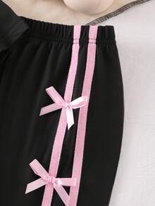 2pcs Baby Girl Casual Sports Style Bow Print Black Short Sleeve T-Shirt Top And Striped Bow Decor Pants Set - Black - View 6