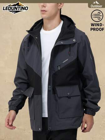 LEDUNTINO Chaqueta casual con cremallera para hombre, para exteriores, deportiva, con diseño de empalme, regalo para esposo o novio, chaqueta delgada para hombre para primavera y otoño, con capucha desmontable y estampado de letras, para primavera y otoño