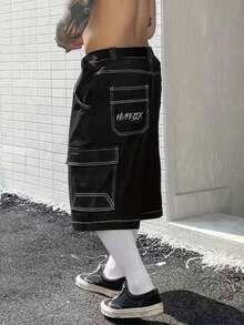 Men's Casual Original Color Printed Wide Leg Denim Shorts - Black - View 3