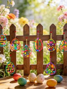 8pcs Unfinished Wooden Easter Eggs For DIY Painting, Suitable For Craft Hanging Decor, Easter Egg Hunt, Spring Party Favors, Home Decor - Multicolor - View 5