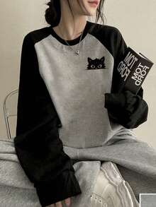 Áo thun dài tay nữ dáng rộng, phối màu, chất liệu cotton, in hình mèo hoạt hình, thích hợp cho mùa thu/đông. - Xám - Xem 4