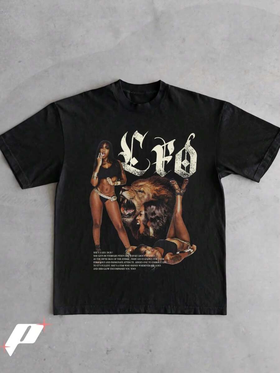 Leo Zodiac Graphic Tee, Fiery Lion Energy Vintage Y2K Baddie Shirt - 黑色 - 查看 1
