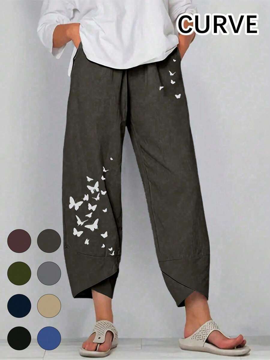 Quần lửng ống rộng cạp chun co giãn dáng rộng in hình bướm dành cho nữ cỡ lớn - Màu xám đen - Xem 1