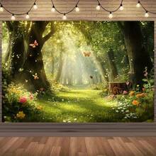 2D Flat 1A High-Quality Polyester Photography Prop With A Magical Forest Background Featuring Butterflies, Flowers And A Sunlit Path, Suitable For Weddings, Birthdays And Parties. Available In Multiple Sizes - 1PCS - View 2