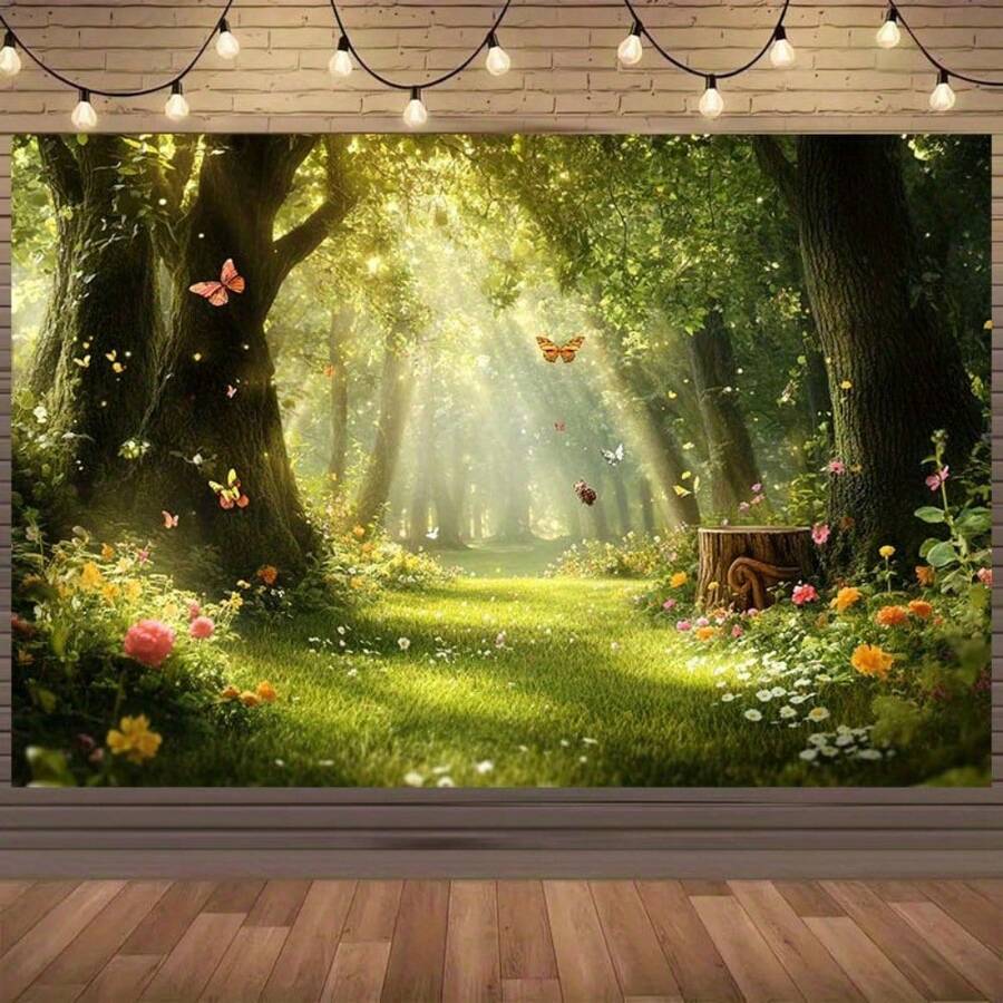 2D Flat 1A High-Quality Polyester Photography Prop With A Magical Forest Background Featuring Butterflies, Flowers And A Sunlit Path, Suitable For Weddings, Birthdays And Parties. Available In Multiple Sizes