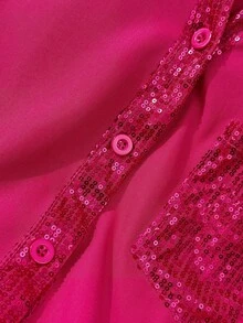 女士亮片装饰前扣口袋休闲衬衫 - 玫紅色 - 查看 5