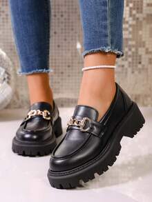 2025春季新款日系女式真皮鞋，复古英伦风金属扣哑光厚底增高乐福鞋，百搭JK风鞋款