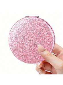 Cute Compact Mirror For Women,Magnifying Travel Mirror With Glitter,Leather Small Pocket Mirror,Portable 2 X 1x Magnification Folding Makeup Mirror,Cosmetic Mirror For Gift - 粉色 - 查看 1