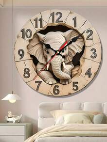 1pc 10"/12" Round Wooden Silent Wall Clock, Creative Elephant Design, Numeric Display, Battery Powered, Flat Bezel, Suitable For Living Room, Bedroom, Guest Room, Home & Office Decor, Great Gift - Battery Not Included - Multicolor - View 1