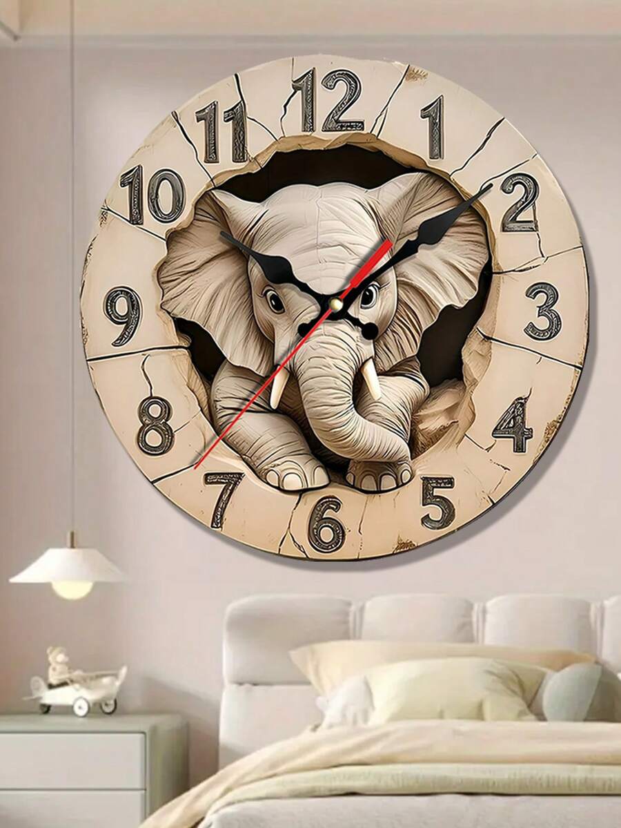 1pc 10"/12" Round Wooden Silent Wall Clock, Creative Elephant Design, Numeric Display, Battery Powered, Flat Bezel, Suitable For Living Room, Bedroom, Guest Room, Home & Office Decor, Great Gift - Battery Not Included - Multicolor - View 1
