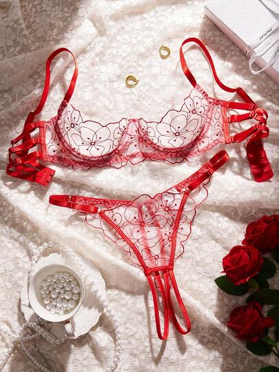 Nuevo conjunto de lencería sexy de estilo europeo y americano para mujeres, sujetador con aros y bordado floral y tanga con encaje transpirable