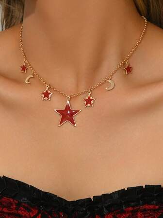 1pc European & Middle Eastern Fashion Necklace With Pendant Charms Including Star, Moon, Rhinestone, Rose, Daisy, Paved Devil's Eye, Sun, Moon, Tassel, Star, Choker Design. This Multi-Pendant Necklace Can Showcase A Woman's Unique Style And Charm, Perfect For Parties, Weddings, Holidays And Other Special Occasions. It Also Makes A Great Gift.