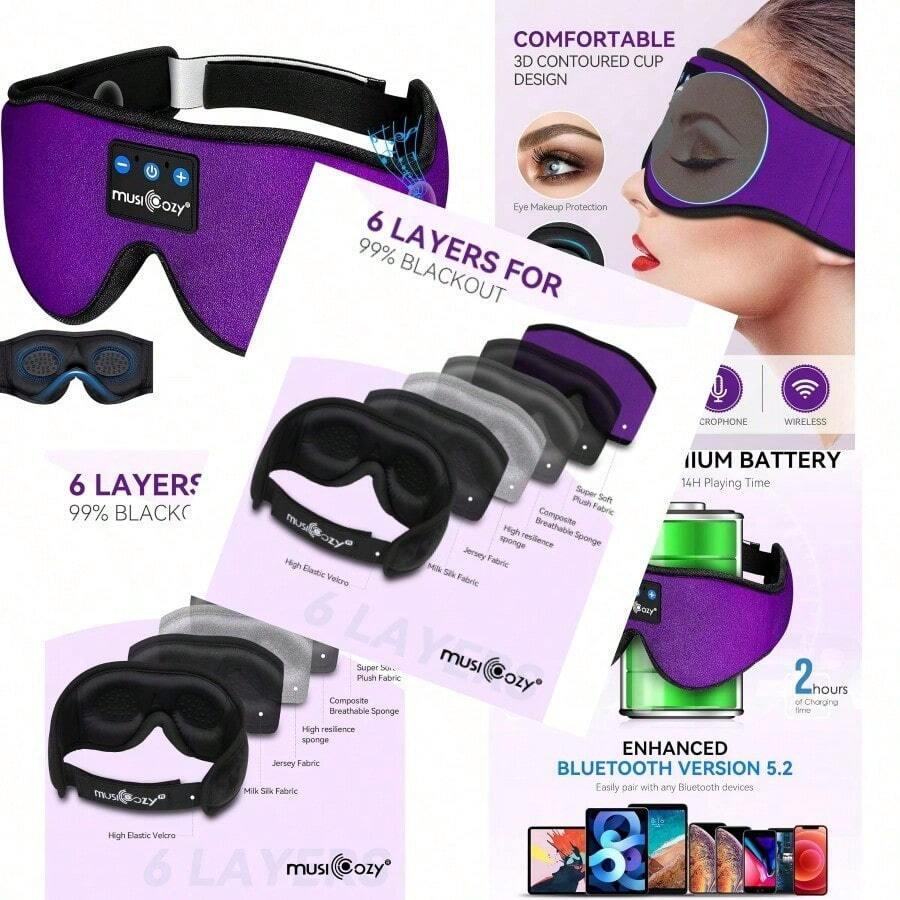 MUSICOZY Auriculares para dormir con Bluetooth máscara de dormir 3D inalámbrica para música para dormir con diadema máscara de ojos para dormir de lado hombres y mujeres - Negro - - Ver 1