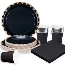 Black Rimmed Disposable Tableware Set, 7/9 Inch Party Plates, Disposable Paper Plates, Cups, Napkins, Suitable For Wedding, Engagement, Birthday, Wedding Party Supplies - Multicolor - View 3