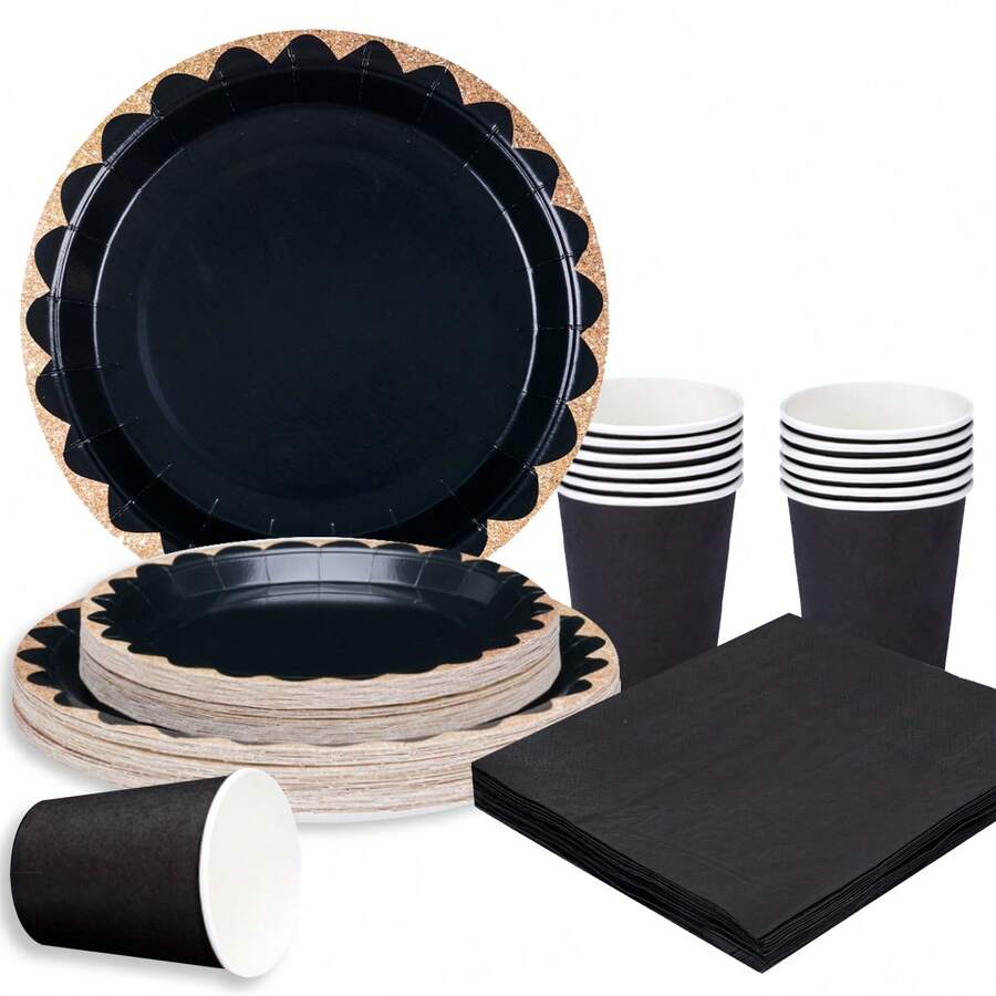 Juego de vajilla desechable con borde negro, platos de 7/9 pulgadas, platos de papel desechables, vasos, servilletas, adecuado para bodas, compromisos, cumpleaños, suministros para fiestas de boda - Multicolor - Ver 1