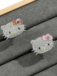 SANRIO 1枚卡通Hello Kitty戒指，镶嵌锆石，可爱猫咪可调节开口戒指，时尚优雅 - 彩色 - 查看 4