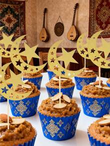 12pcs Glitter Moon And Star Eid Cupcake Toppers, Ramadan Karim Party Supplies, Islamic Muslim Party Decorations, Festive Celebration, Star Decorations, Decorative Cake Toppers, Durable Party Supplies, Cake Decorations, Event Planners, Family - Multicolor - View 3