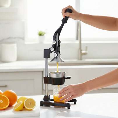 SAEIV Stainless Steel Juicer, Lemon Press – Manual & Quiet, Cast Iron Hand Press – Effortlessly Juices Citrus Fruits, Orange Press For Vegetables And Fruit, Slow Juicer, Very Easy To Clean, Black