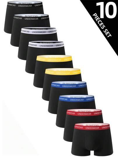 10pcs/Pack Men's Solid Color Premium Black Boxer Briefs, Comfortable Boxer Shorts, Casual Underwear, Plus Size