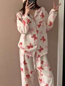 2pcs Floral Print Women Pajama Set, Butterfly Collar Cardigan And Long Pants, Spring/Summer - Pink - View 3