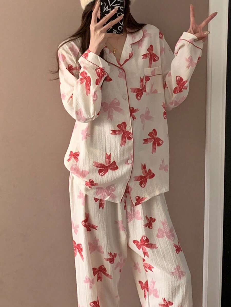 Pure Slumber 2pcs Floral Print Women Pajama Set, Bow Collar And Long Pants, Spring/Summer - Pink - View 1