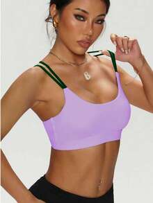 女士纯色圆领交叉可拆卸衬垫时尚针织运动文胸（春季款） - 彩色 - 查看 3