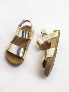 1 Pair Fashion Solid Color Minimalist Hook And Loop Flat Sandals For Girls, Comfortable & Durable, Suitable For Outdoor Activities, Summer - Gold - View 4