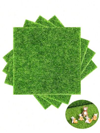 4片/套人造草坪，绿色，15x15厘米PE方形仿真草坪，可用于工艺品装饰、微景观小屋微缩模型制作、DIY仙女花园装饰套装、宠物专用仿真草坪垫，室内外家居装饰。