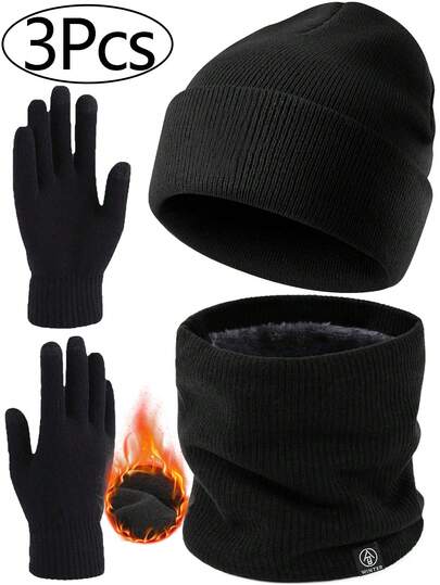 3pcs Set Black Knitted Hat Thermal Lined Neck Warmer Touch Screen Gloves One Size Polyester Windproof Warm Breathable Casual Sporty Winter Set For Cycling Skiing Motorcycle Outdoor Autumn Vacation Outfits